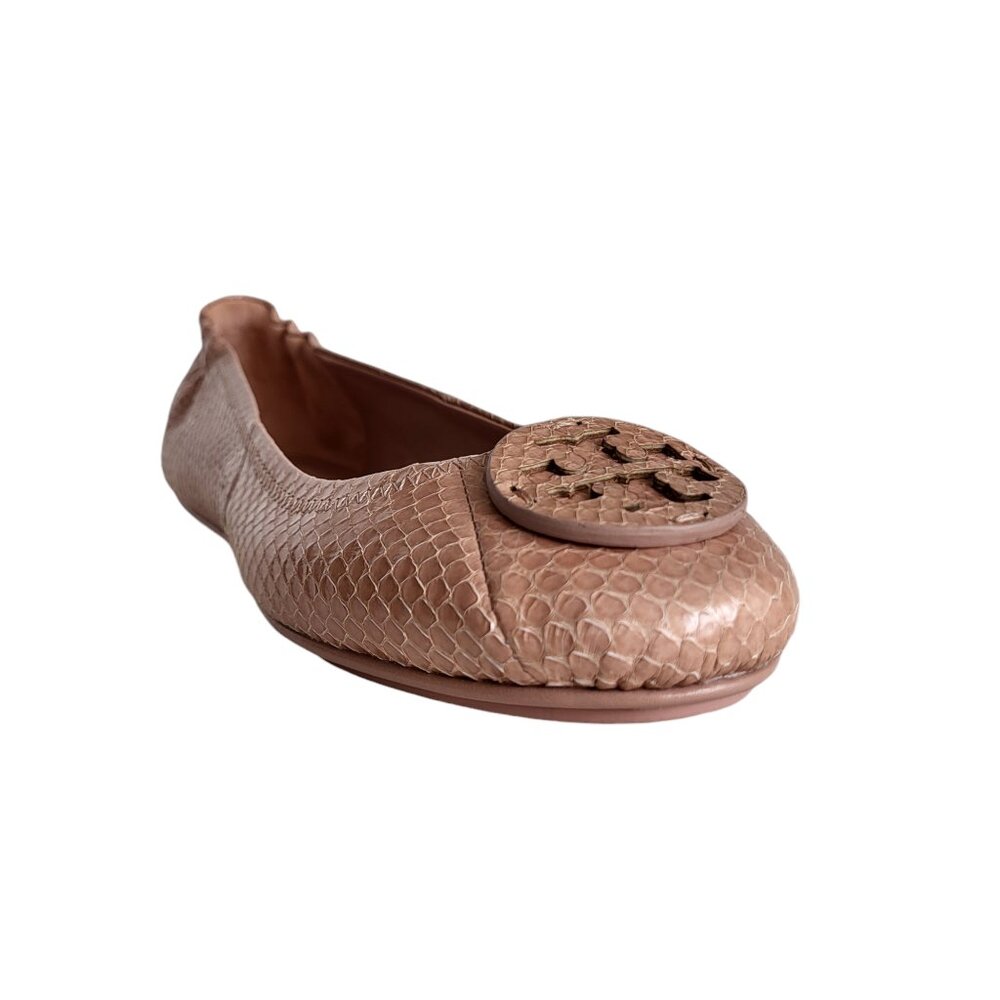 Tory Burch Minnie Travel Ballet Flats Meadowsweet Snake Embossed Leather Sz 9.5